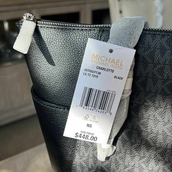NWT, Michael Kors Charlotte Large TZ Tote, Saffiano Leather & Gray Sig Print